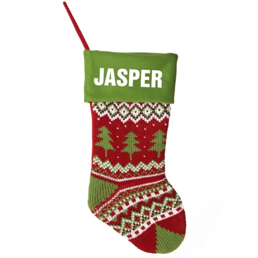 Personalised Knitted Tree Christmas Stocking - Green Cuff New