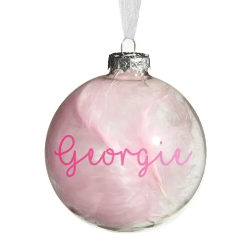 Personalised Pink Feather Clear Glass Christmas Bauble Online
