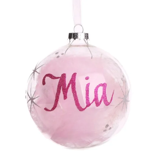 Personalised Pink Feather Clear Glass Christmas Bauble Online