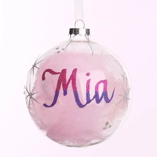 Personalised Pink Feather Clear Glass Christmas Bauble Online