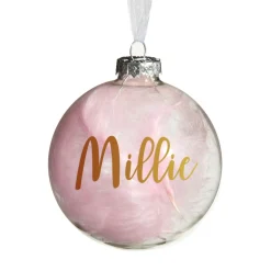 Personalised Pink Feather Clear Glass Christmas Bauble Online