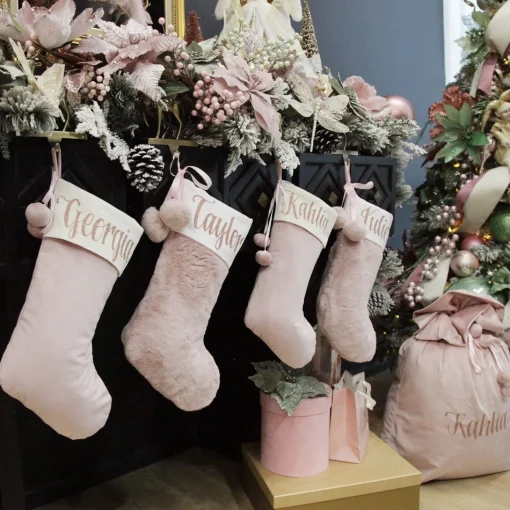 Personalised Pink Fur Christmas Stocking with Pom Poms Sale