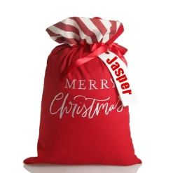 Personalised Red Merry Christmas Santa Sack with Candy Cane Stripe Trim New