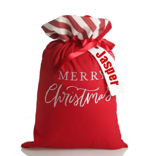 Personalised Red Merry Christmas Santa Sack with Candy Cane Stripe Trim New