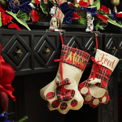 Personalised Tartan Dog Paw Christmas Stocking New