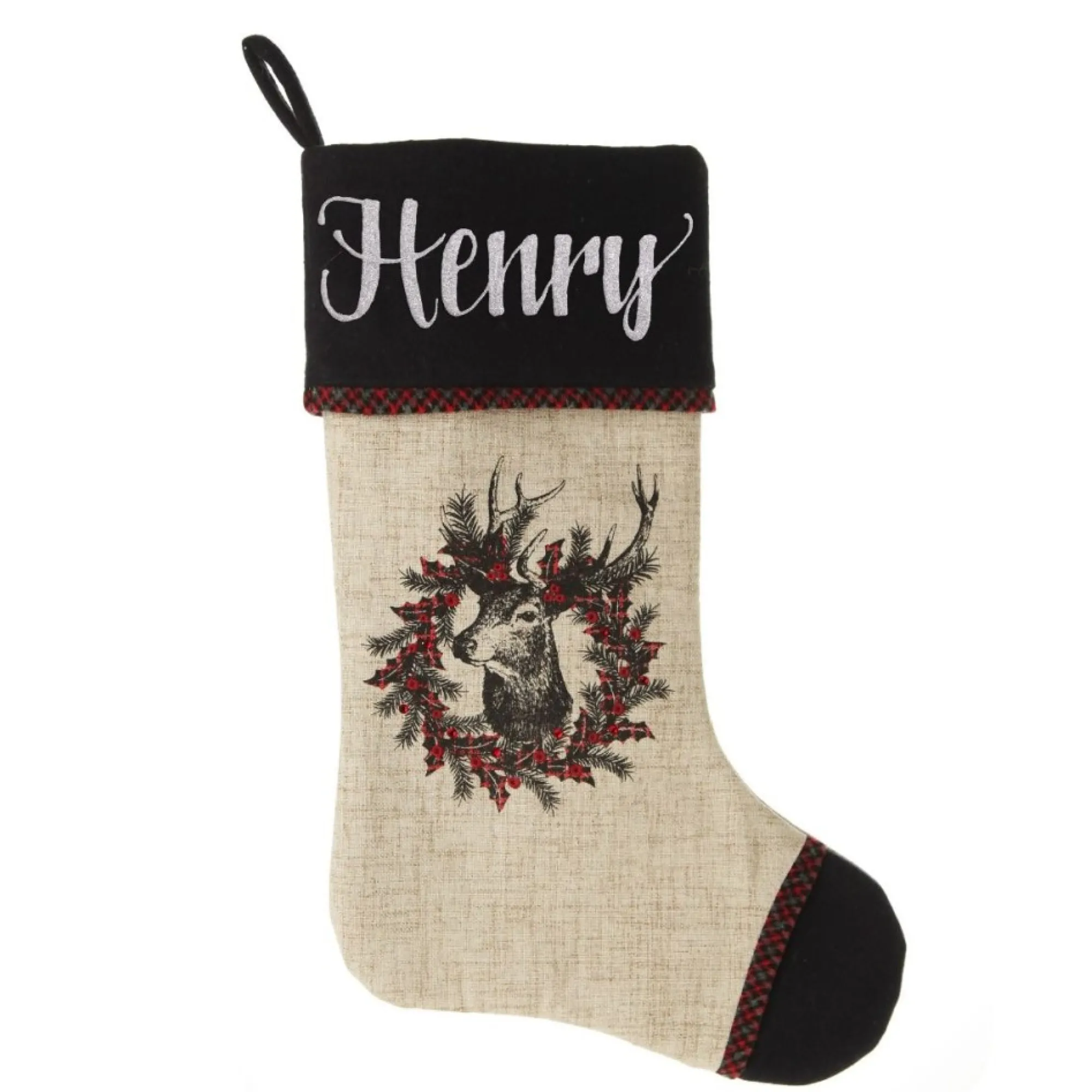 Personalised Vintage Reindeer Christmas Stocking - Black Cuff Outlet