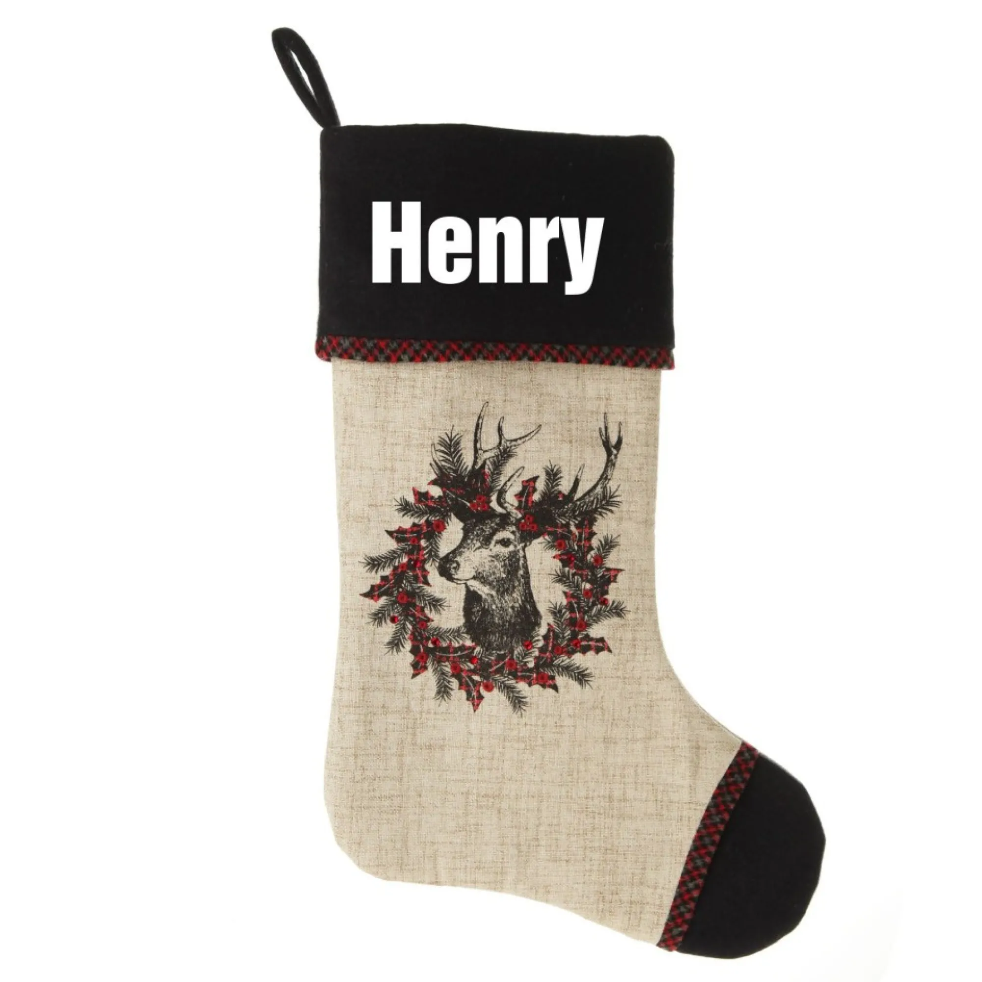 Personalised Vintage Reindeer Christmas Stocking - Black Cuff Outlet