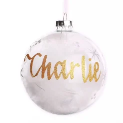 Personalised White Feather Clear Glass Christmas Bauble Discount