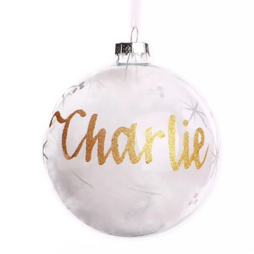 Personalised White Feather Clear Glass Christmas Bauble Discount