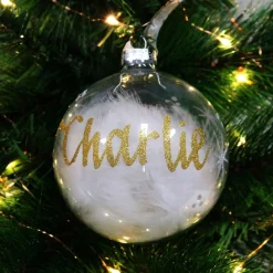 Personalised White Feather Clear Glass Christmas Bauble Discount