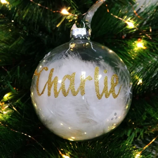 Personalised White Feather Clear Glass Christmas Bauble Discount