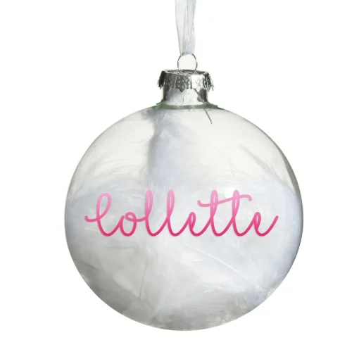 Personalised White Feather Clear Glass Christmas Bauble Discount