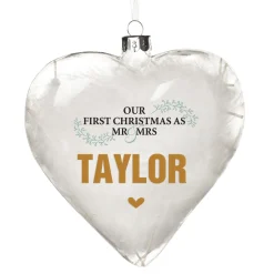 Personalised White Feather Glass Heart - Our First Christmas as Mr & Mrs Fashion