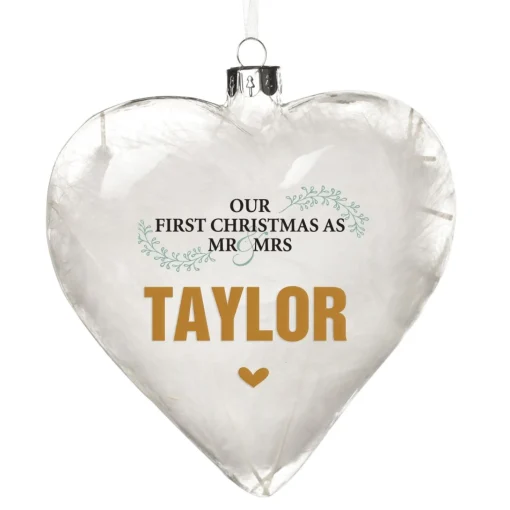 Personalised White Feather Glass Heart - Our First Christmas as Mr & Mrs Fashion