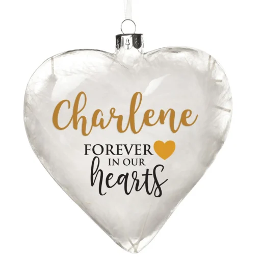 Personalised White Feather Glass Heart - Forever in Our Hearts Clearance