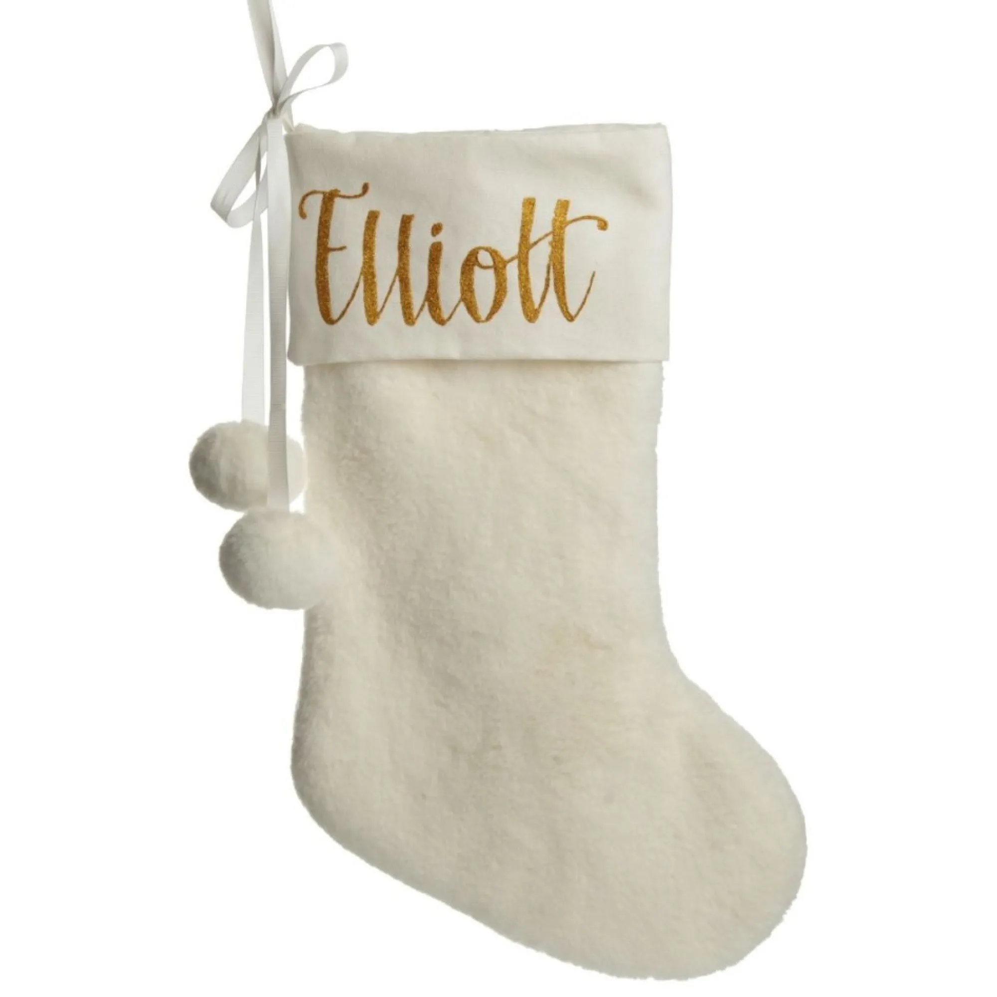 Personalised White Fur Christmas Stocking with Pom Poms Online