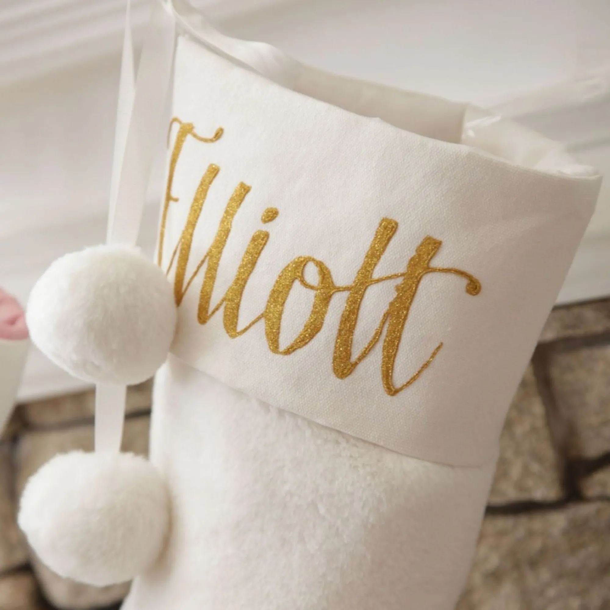 Personalised White Fur Christmas Stocking with Pom Poms Online