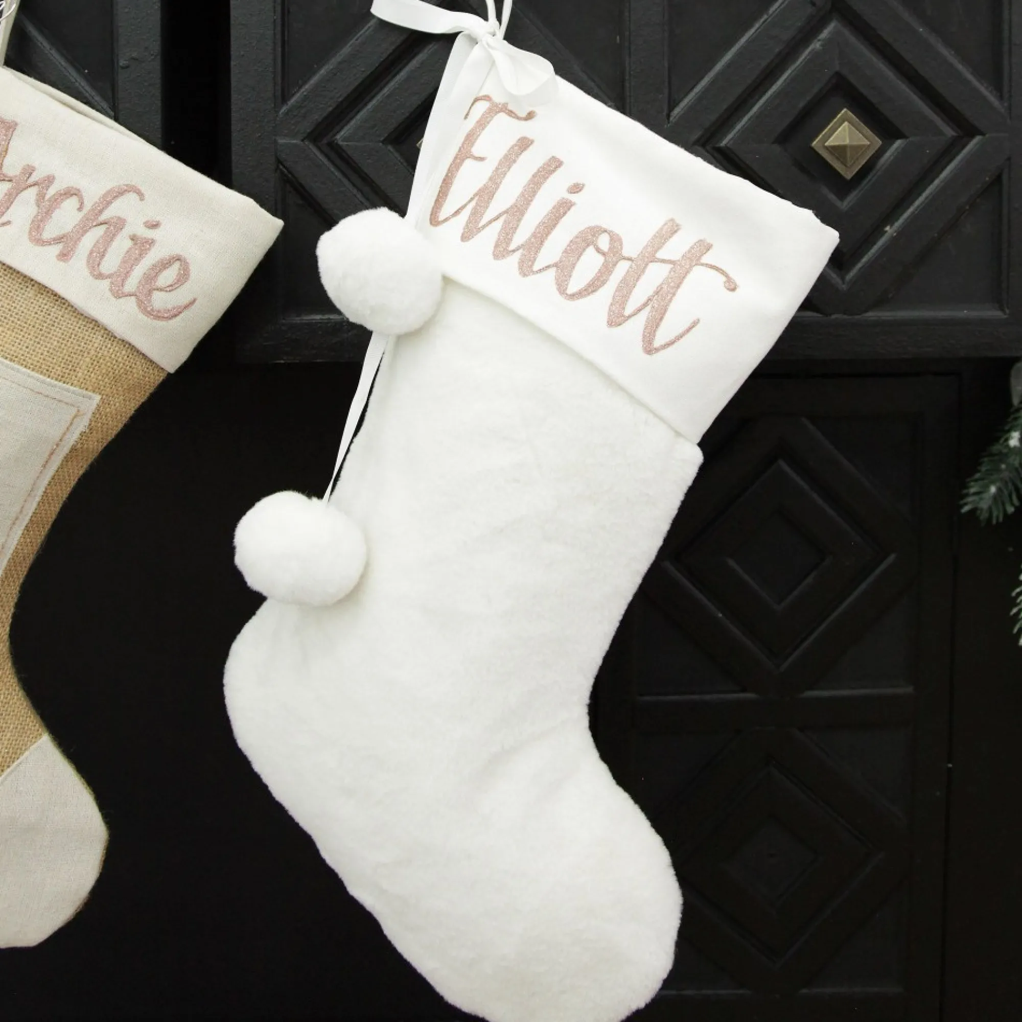 Personalised White Fur Christmas Stocking with Pom Poms Online