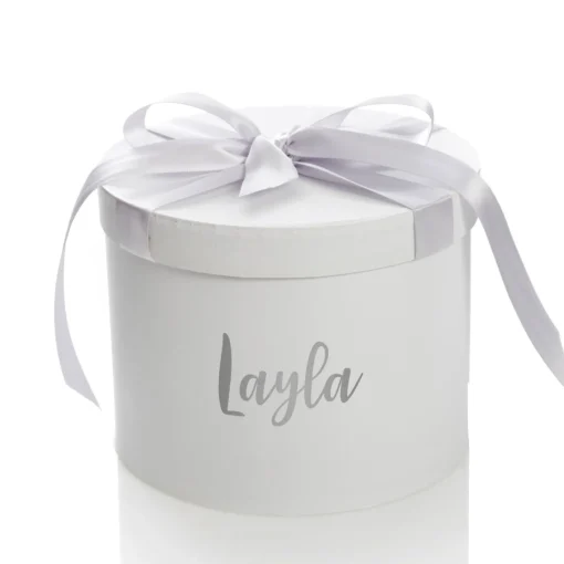 Personalised White Round Gift Box with Silver Ribbon Bow Best