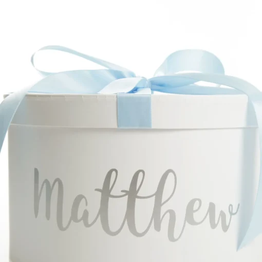 Personalised White Round Gift Box with Baby Blue Ribbon Bow Shop