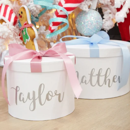 Personalised White Round Gift Box with Baby Blue Ribbon Bow Shop
