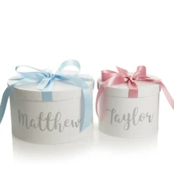 Personalised White Round Gift Box with Baby Blue Ribbon Bow Shop