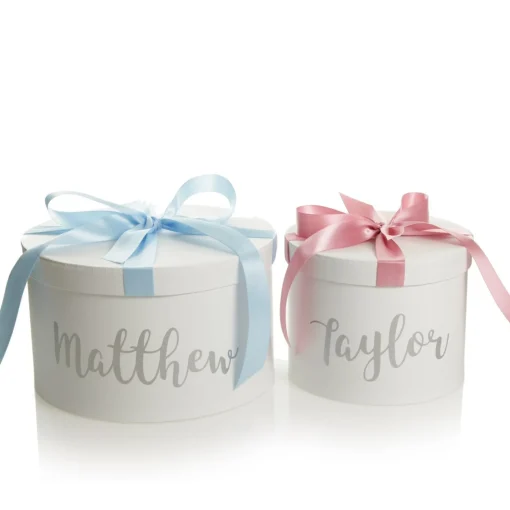 Personalised White Round Gift Box with Baby Blue Ribbon Bow Shop