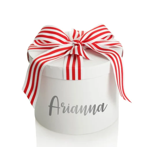 Personalised White Round Gift Box with Candy Cane Ribbon Bow Sale