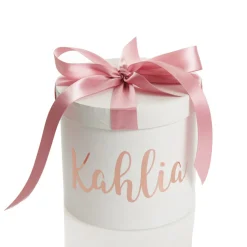 Personalised White Round Gift Box with Baby Pink Ribbon Bow Outlet