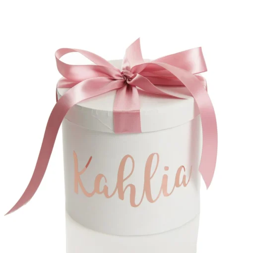 Personalised White Round Gift Box with Baby Pink Ribbon Bow Outlet