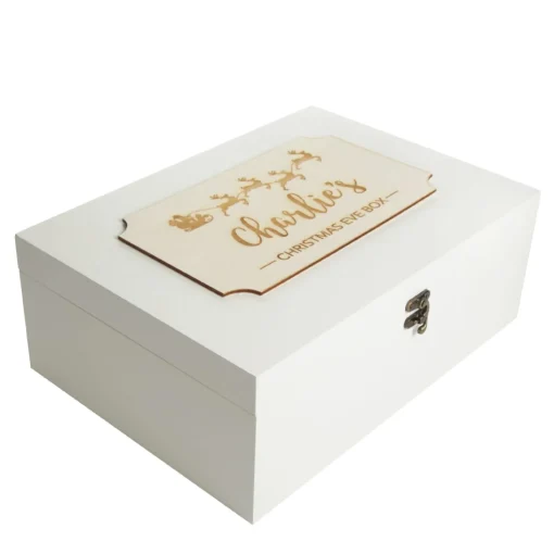 Personalised Wooden Christmas Eve Box with Santa Sleigh Plaque Cheap