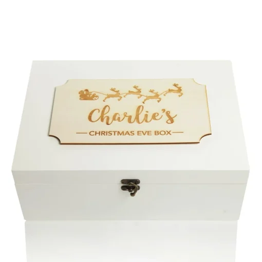 Personalised Wooden Christmas Eve Box with Santa Sleigh Plaque Cheap