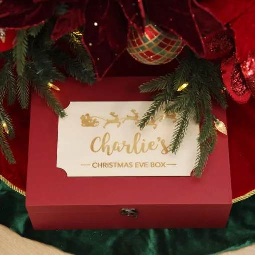 Personalised Wooden Christmas Eve Box with Santa Sleigh Plaque Cheap