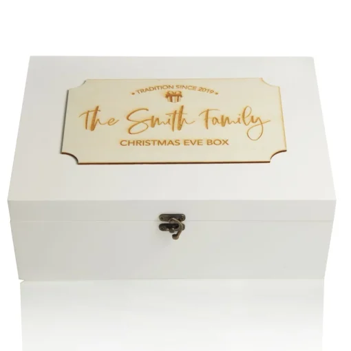 Personalised Wooden Christmas Eve Box with Family Est. Plaque Online