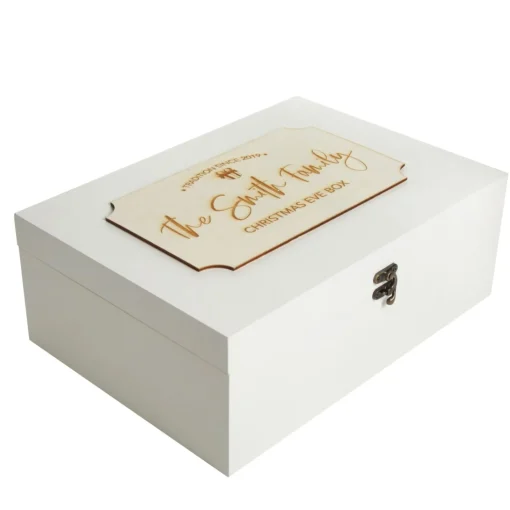 Personalised Wooden Christmas Eve Box with Family Est. Plaque Online