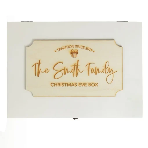 Personalised Wooden Christmas Eve Box with Family Est. Plaque Online