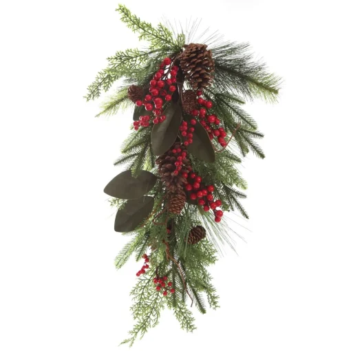 Pinecone and Red Berry Mixed Leaf Christmas Teardrop Swag Fashion