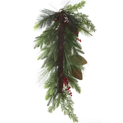 Pinecone and Red Berry Mixed Leaf Christmas Teardrop Swag Fashion