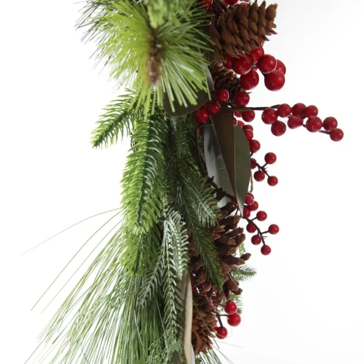 Pinecone and Red Berry Mixed Leaf Christmas Teardrop Swag Fashion