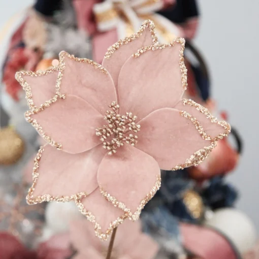 Pink Velour Poinsettia Flower Stem with Glitter Edge Cheap