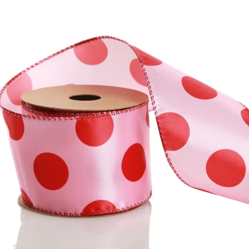 Pink with Red Dots Wired Christmas Ribbon Shop