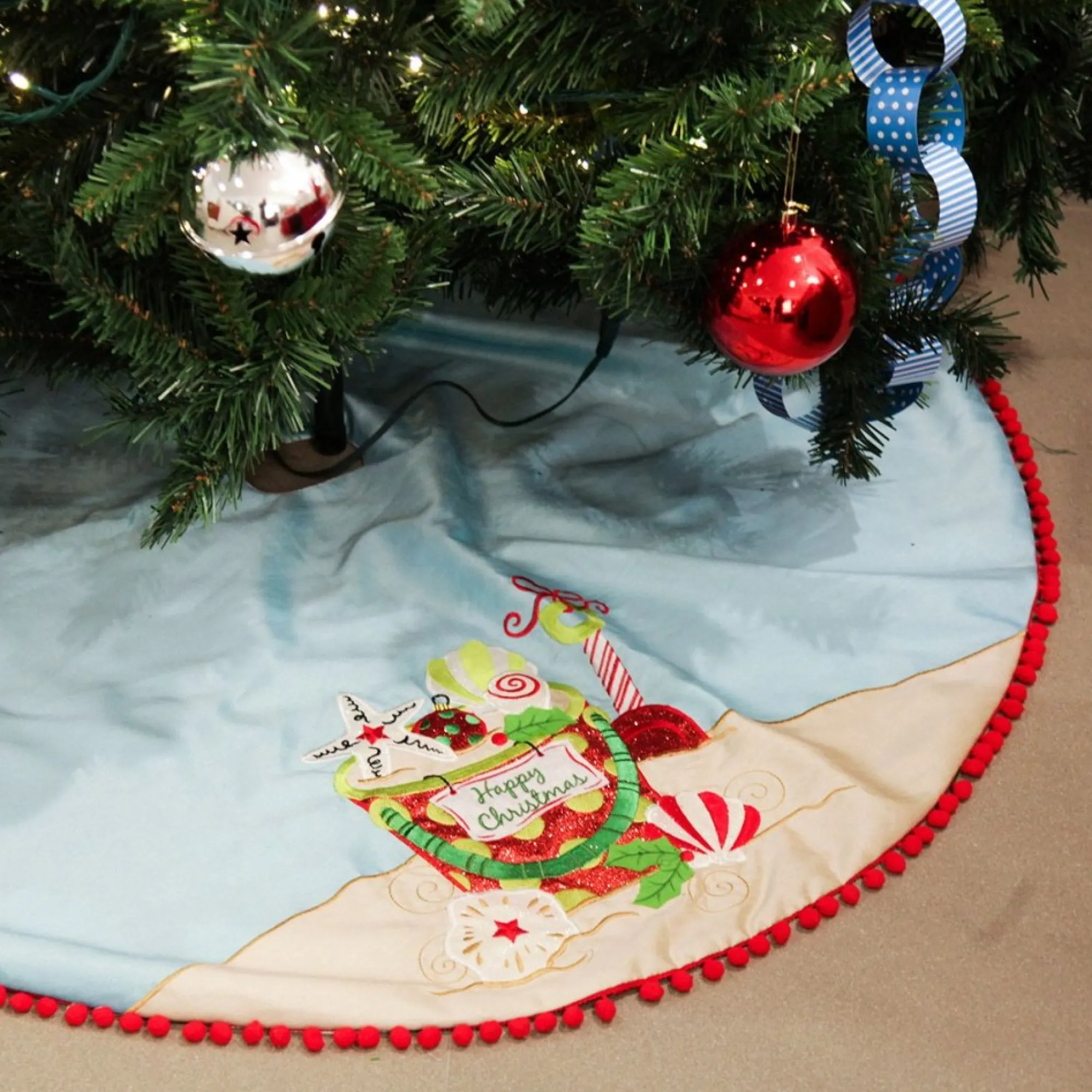 Pom Pom Beach Christmas Tree Skirt New