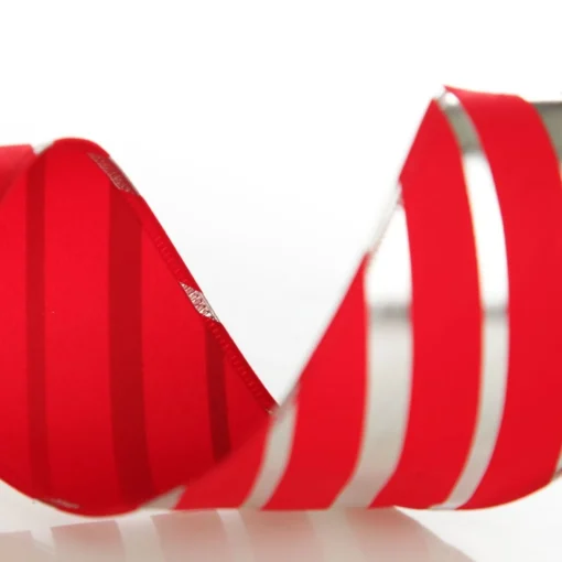 Red & Silver Diagonal Stripe Wired Ribbon New