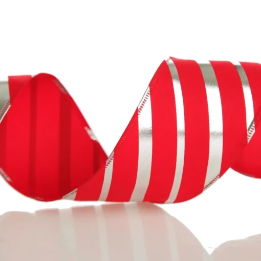 Red & Silver Diagonal Stripe Wired Ribbon New