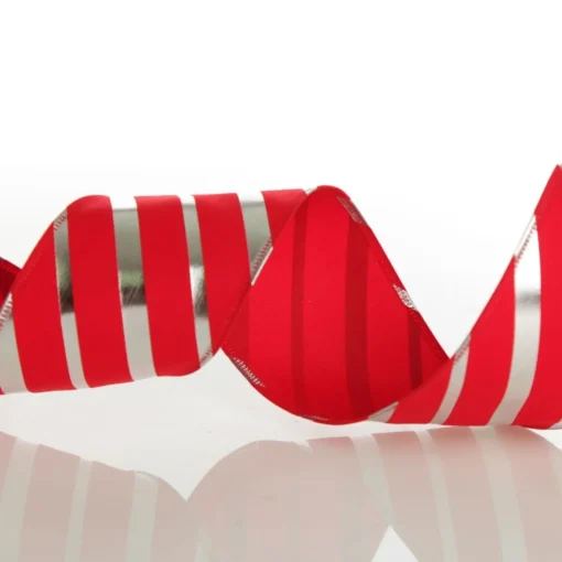 Red & Silver Diagonal Stripe Wired Ribbon New