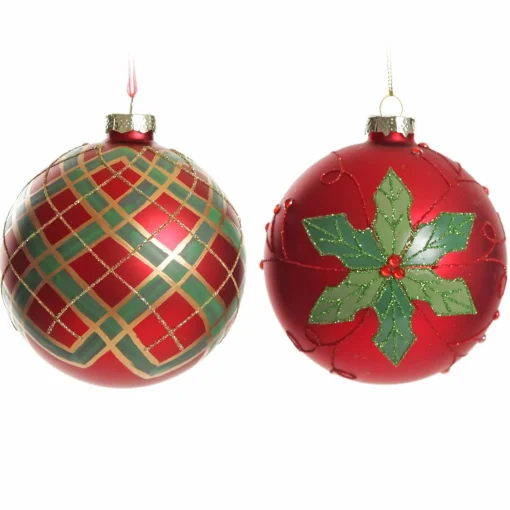 Red and Green Painted Holly and Tartan Christmas Baubles - Set of 2 Store