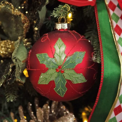 Red and Green Painted Holly and Tartan Christmas Baubles - Set of 2 Store