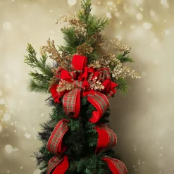 Red and Green Tartan Deluxe Tree Topper Bow with Streamers Flash Sale