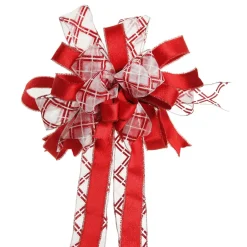 Red and White Glitter Plaid Deluxe Tree Topper Bow with Streamers New