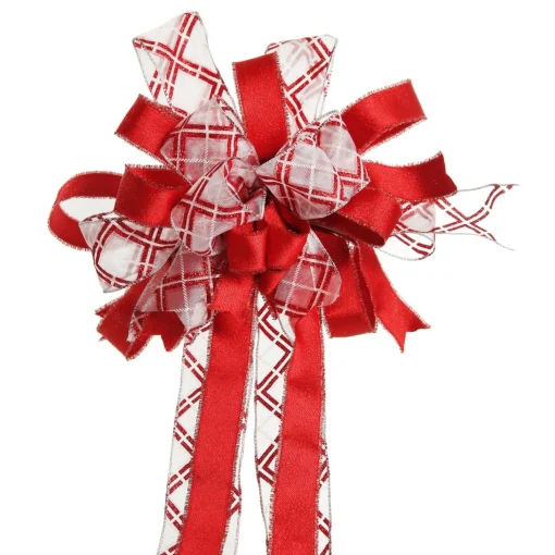 Red and White Glitter Plaid Deluxe Tree Topper Bow with Streamers New